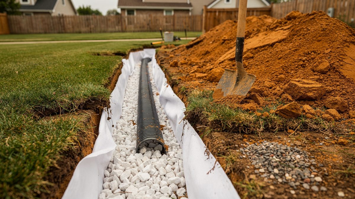 Open drainage trench alongside a foundation, lined with filter fabric and being backfilled with clean washed rock around perforated pipe